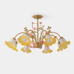 Romantic floral garden chandelier with hand-sculpted pink roses and brass gold frame, front studio view