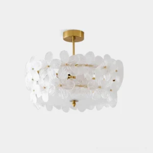Handcrafted floral glass ceiling chandelier with brushed brass hardware and clear petal shades, front studio view