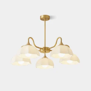 5-head floral glass chandelier with brass accents in studio overhead view, milky white frosted glass shades with botanical details