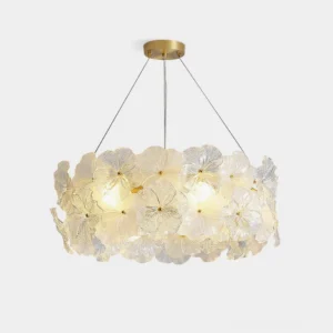 Floral glass chandelier with brass hardware - front studio view showing detailed petal glass shades