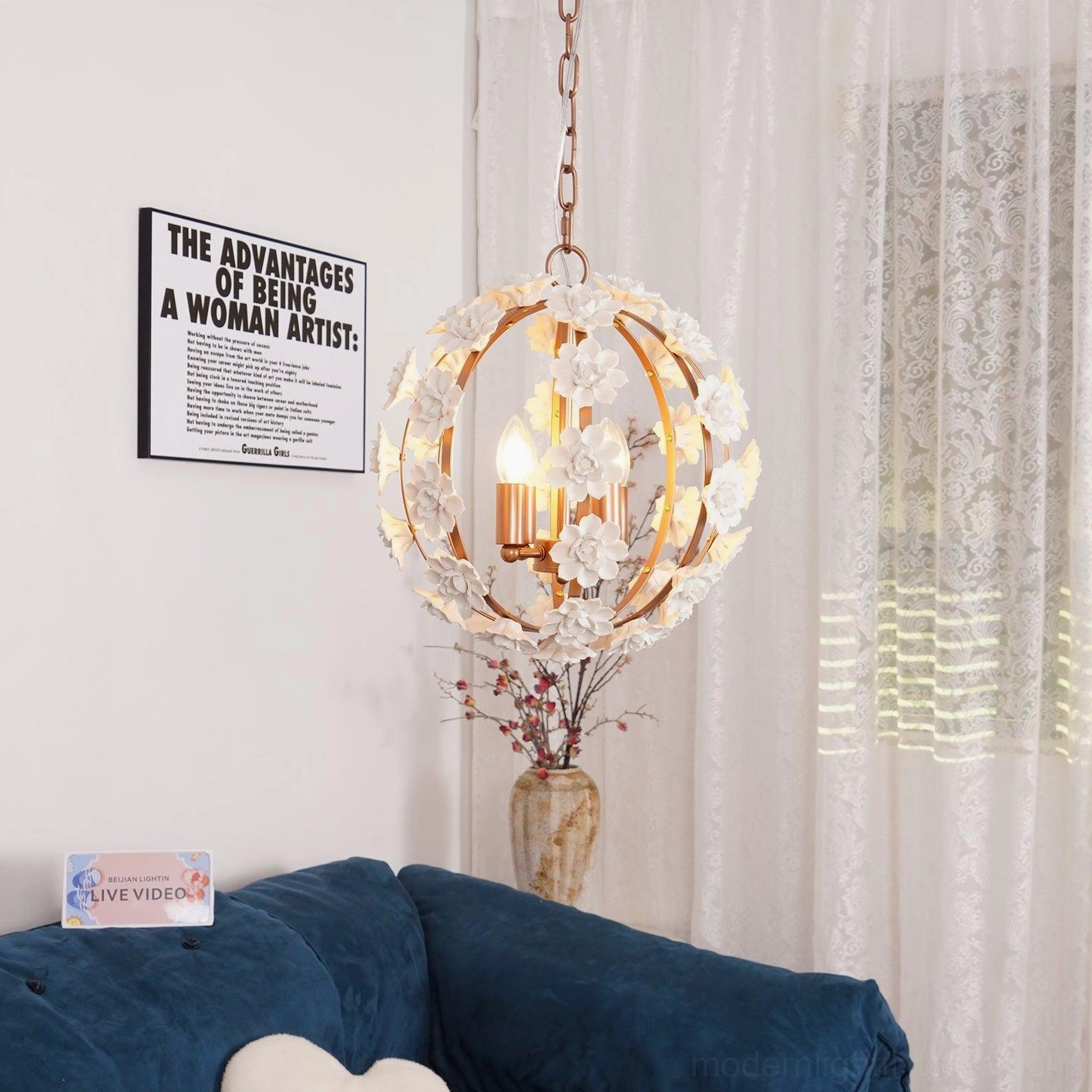 Adjustable hanging floral globe pendant light in dining space with warm ambient lighting