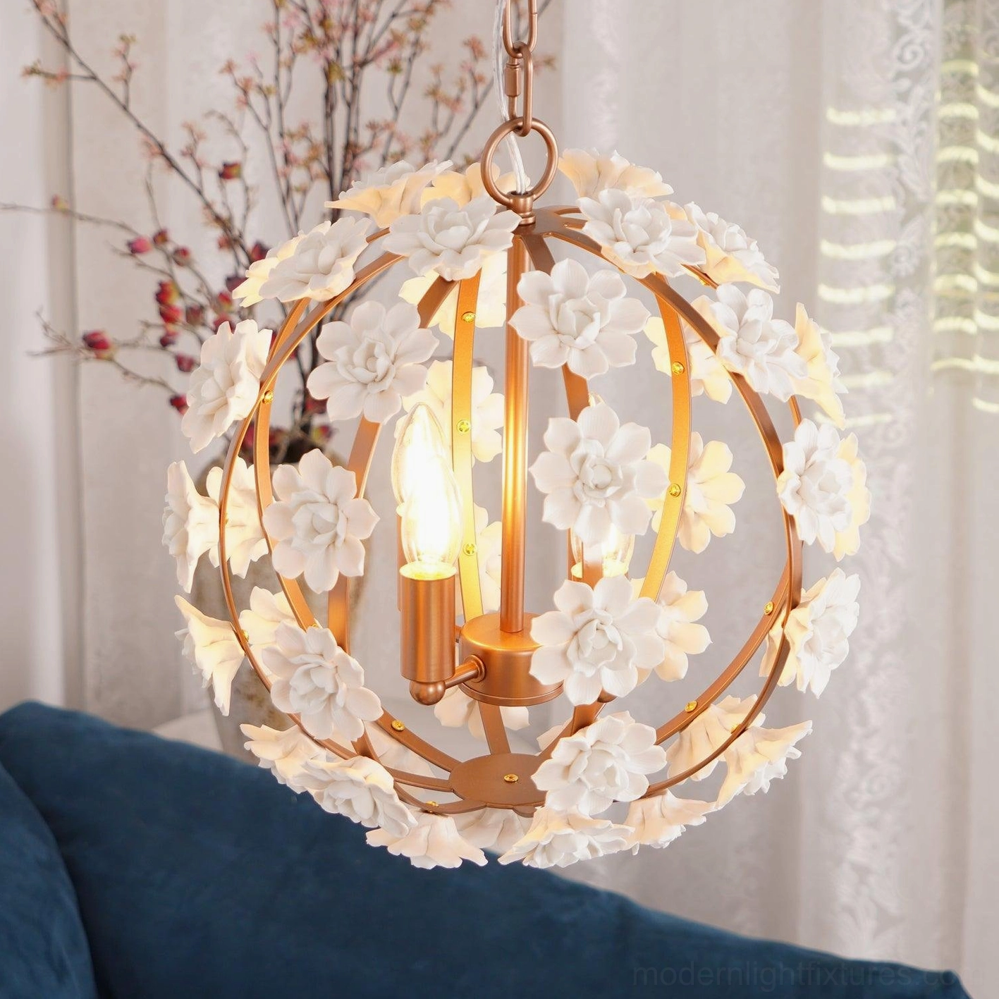 Romantic floral ceramic globe pendant light accent piece in modern interior design