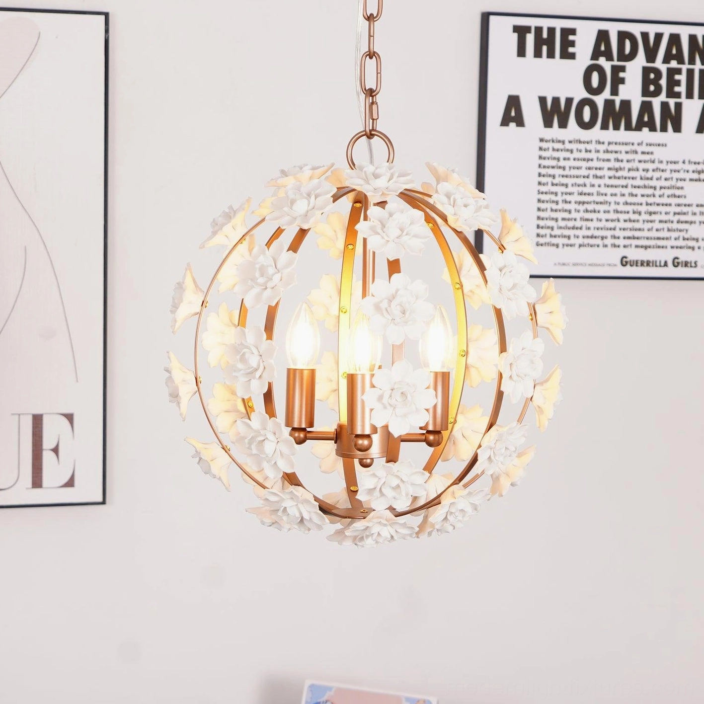 White and rose gold floral pendant light fixture overhead view showing spherical design