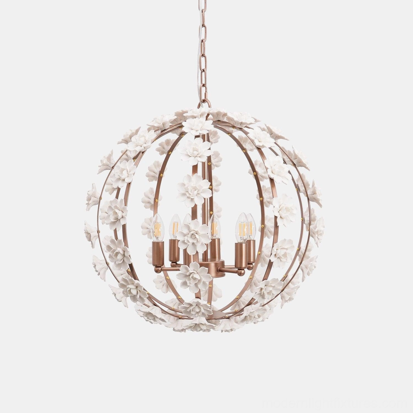 Floral ceramic globe pendant light showing rose gold and white color variant options