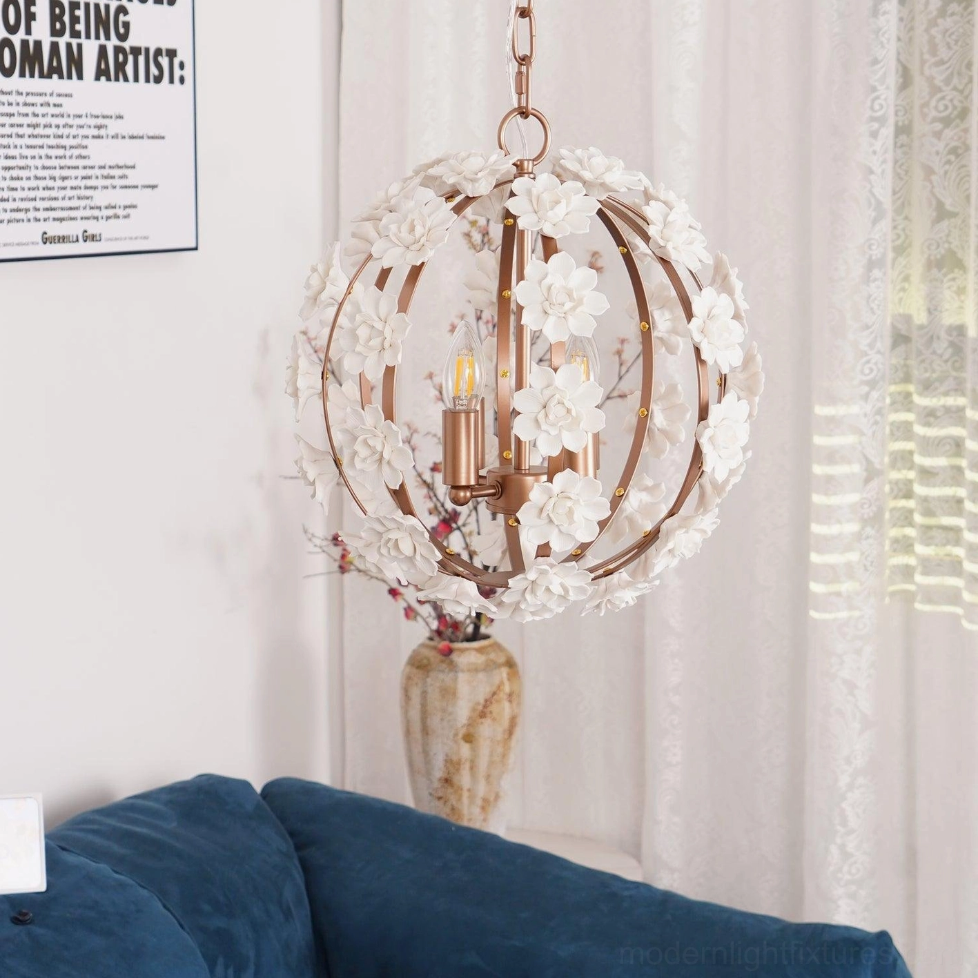 Dimensional ceramic flower globe pendant light creating artistic shadow play and ambiance