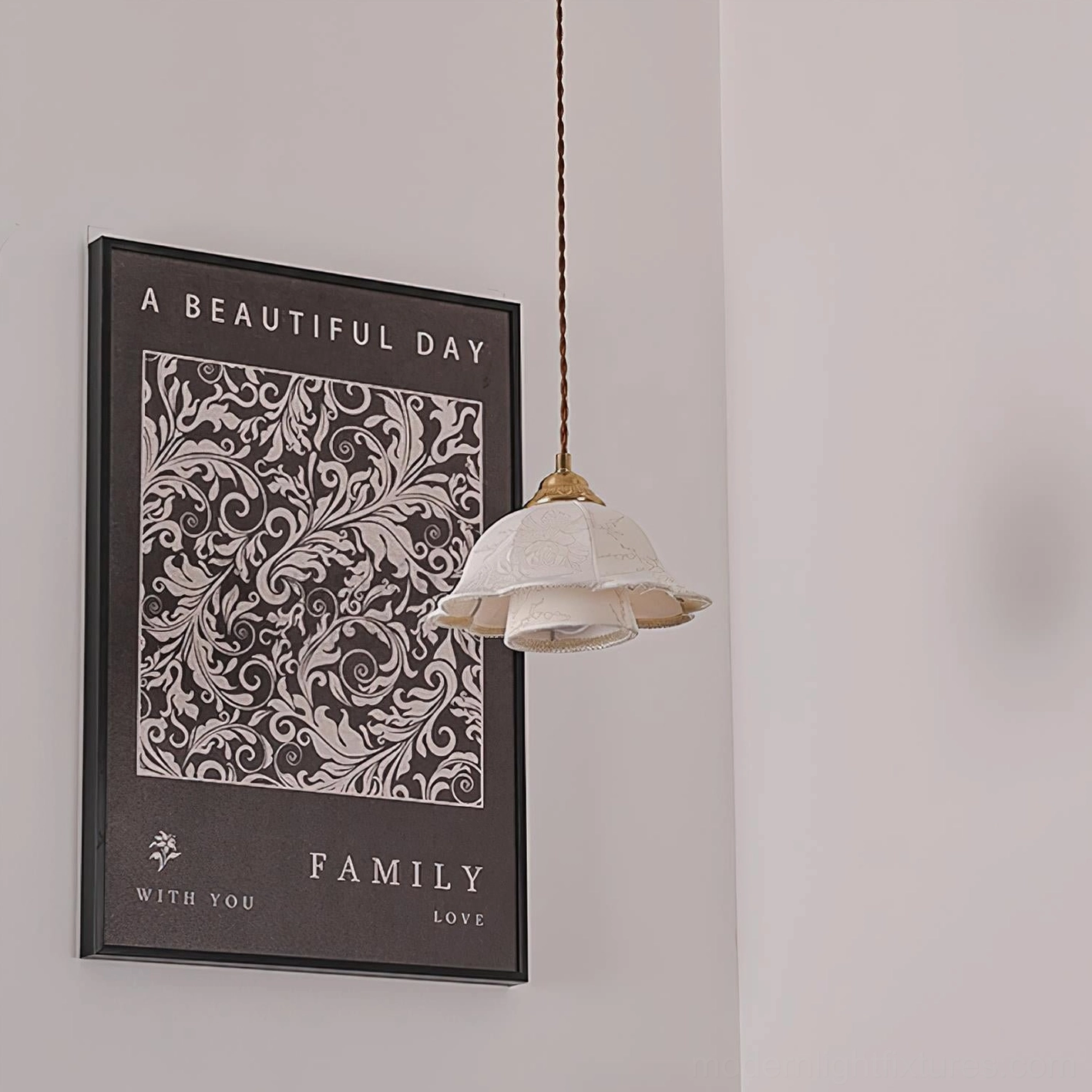 Floral-patterned fabric pendant light suspended from ceiling showing full fixture profile