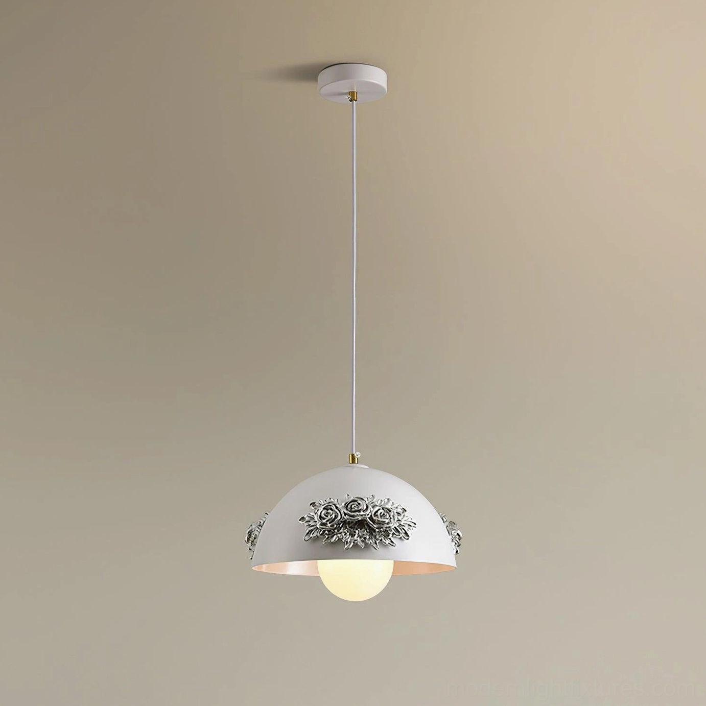 Floral pendant light with acrylic shade and appliqué roses, frosted finish light diffusion, modern home accent lighting