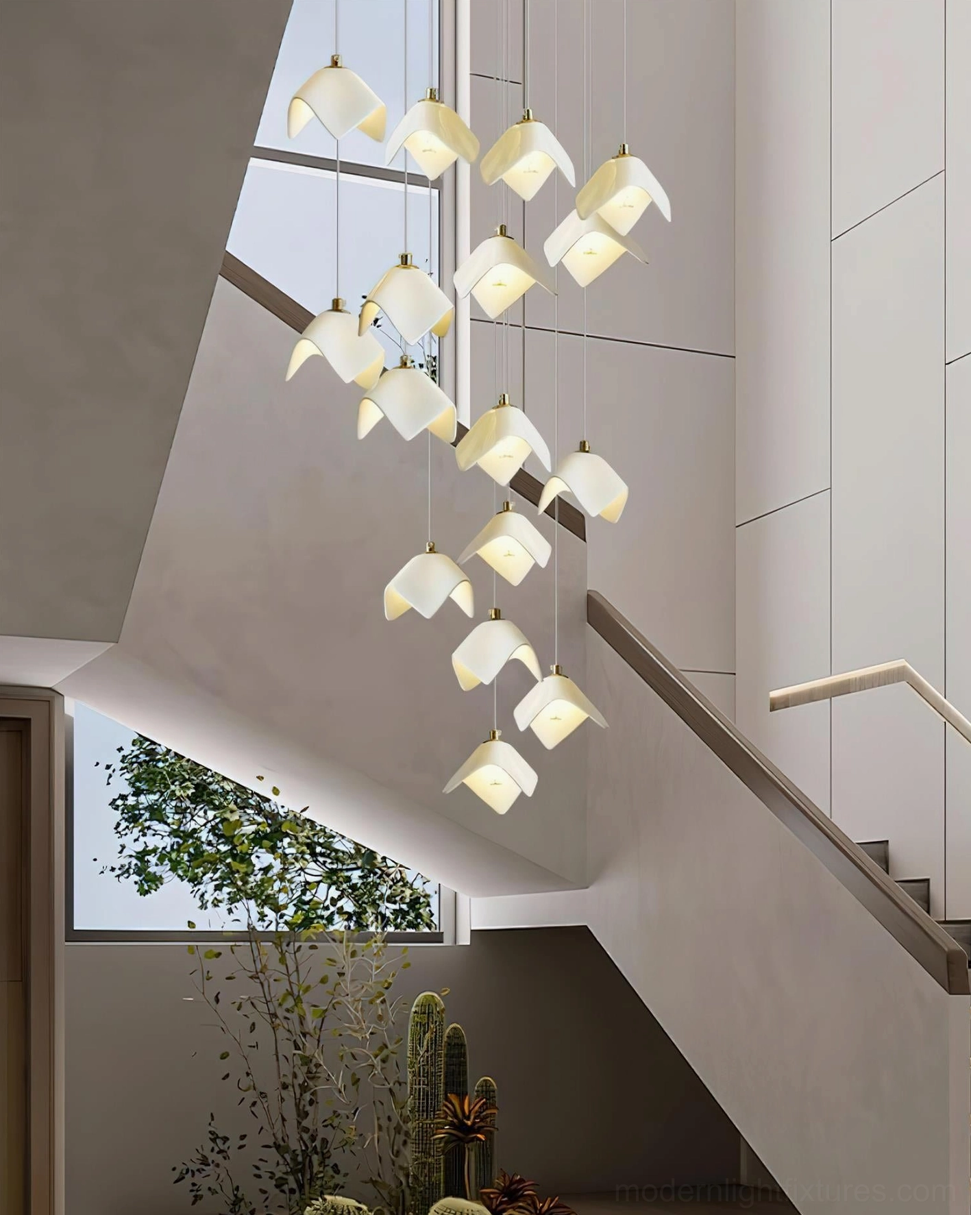 Cascading bloom floral chandelier detail shot showcasing layered ceramic bell shades and precision metalwork