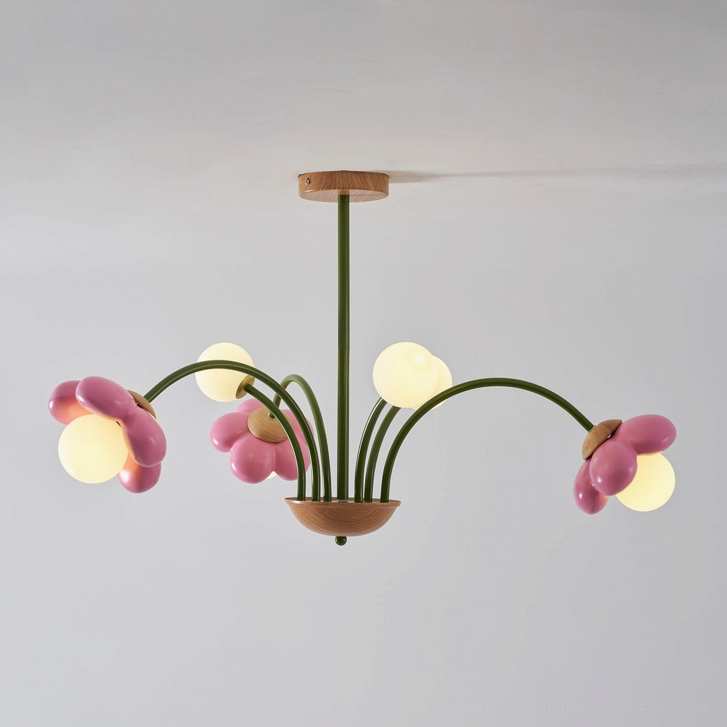 Floral pendant chandelier showing full assembled fixture with all flower heads illuminated together