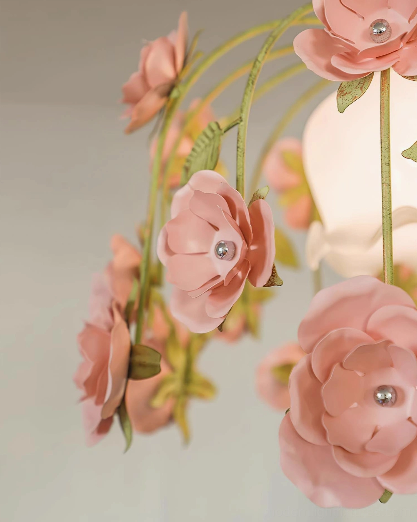 Floral pendant chandelier living room interior design setting, showcasing romantic lighting ambiance and botanical aesthetic in modern home