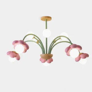 Floral pendant chandelier with pink flower-shaped lights and green metal stems, overhead front view on white background