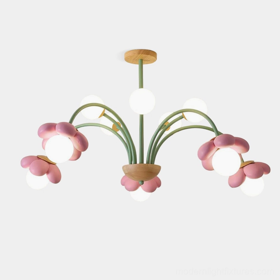 Floral pendant chandelier with pink flower-shaped lights and green metal stems, overhead front view on white background