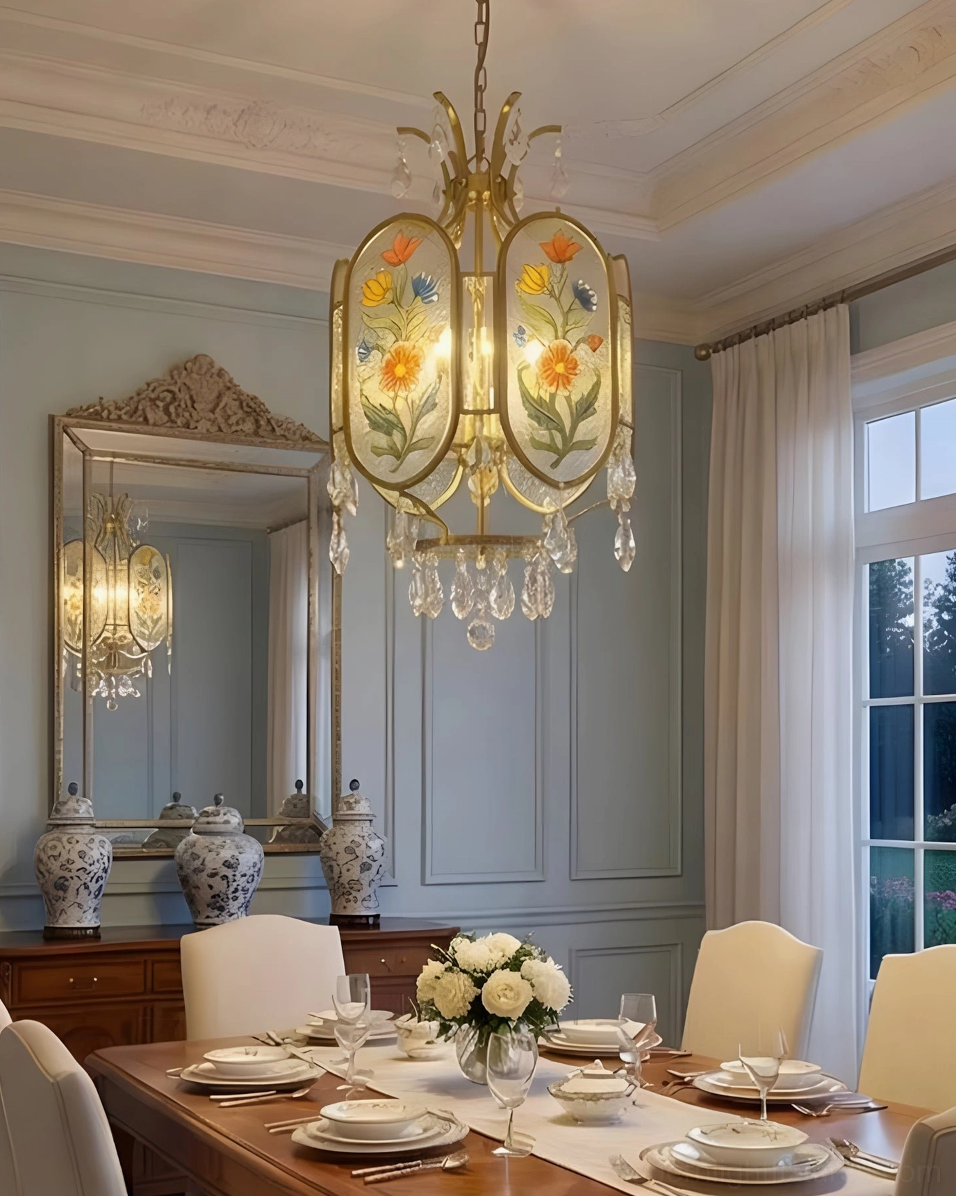 Jardinelle pendant light in formal French provincial dining space with blue walls creating elegant sophisticated atmosphere