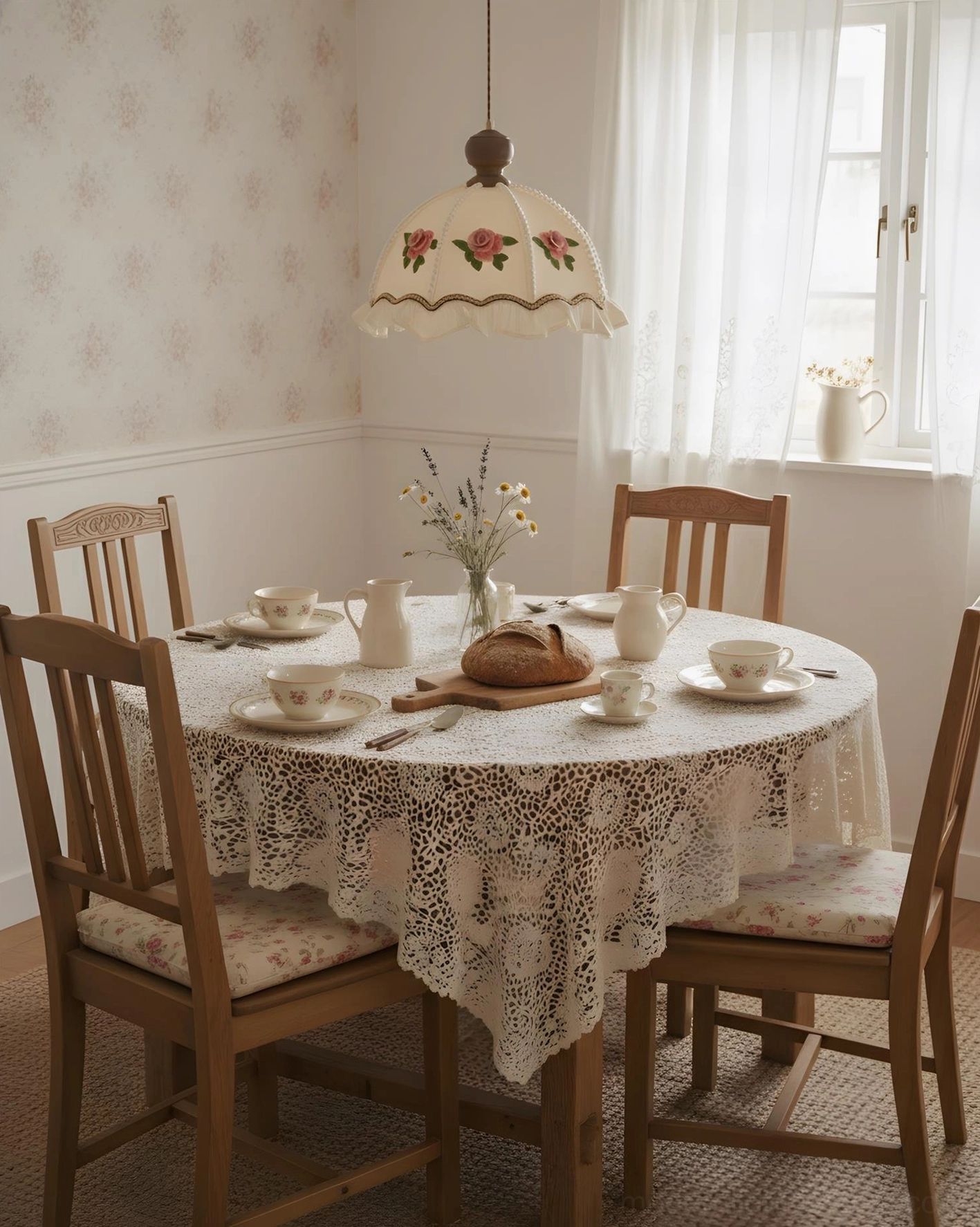 Hand-painted floral pendant light illuminating dining area beside window with wooden furniture