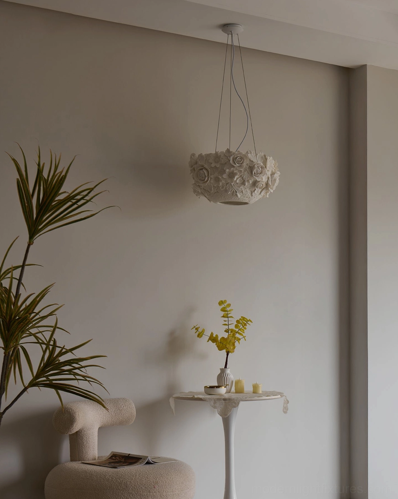Ceramic floral pendant light in cozy living room nook with warm ambient glow, side table and home décor styling
