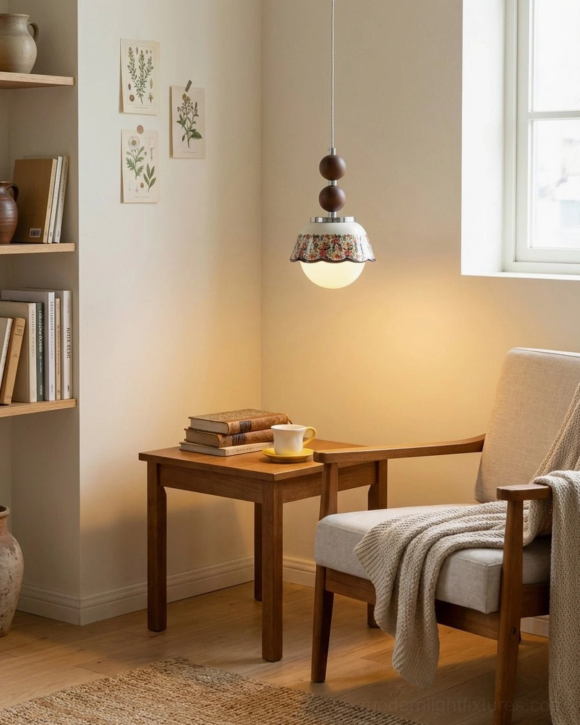 Floral pendant lamp hanging in cozy home reading nook above side table with armchair, intimate quiet corner lighting fixture