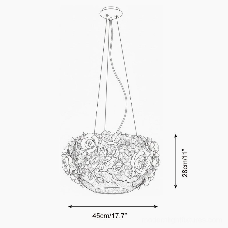 Technical orthographic line drawing of ceramic floral pendant lamp with dimensions marked 45cm diameter and 28cm height