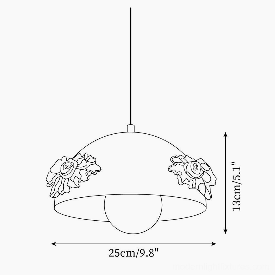 Technical schematic line drawing of dome pendant lamp showing dimensions 25cm diameter by 13cm height with floral decals