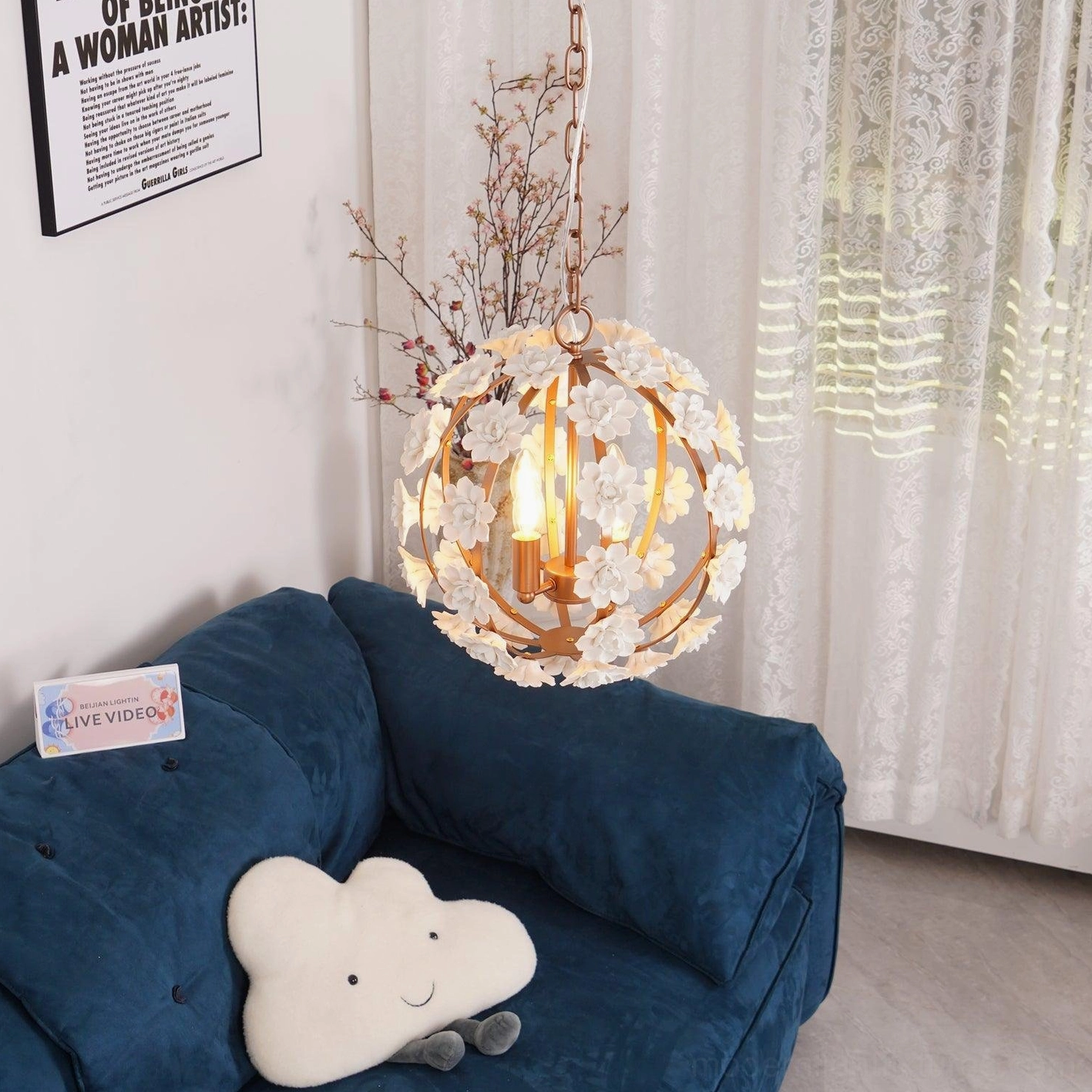 Contemporary floral globe pendant light with adjustable chain installation detail