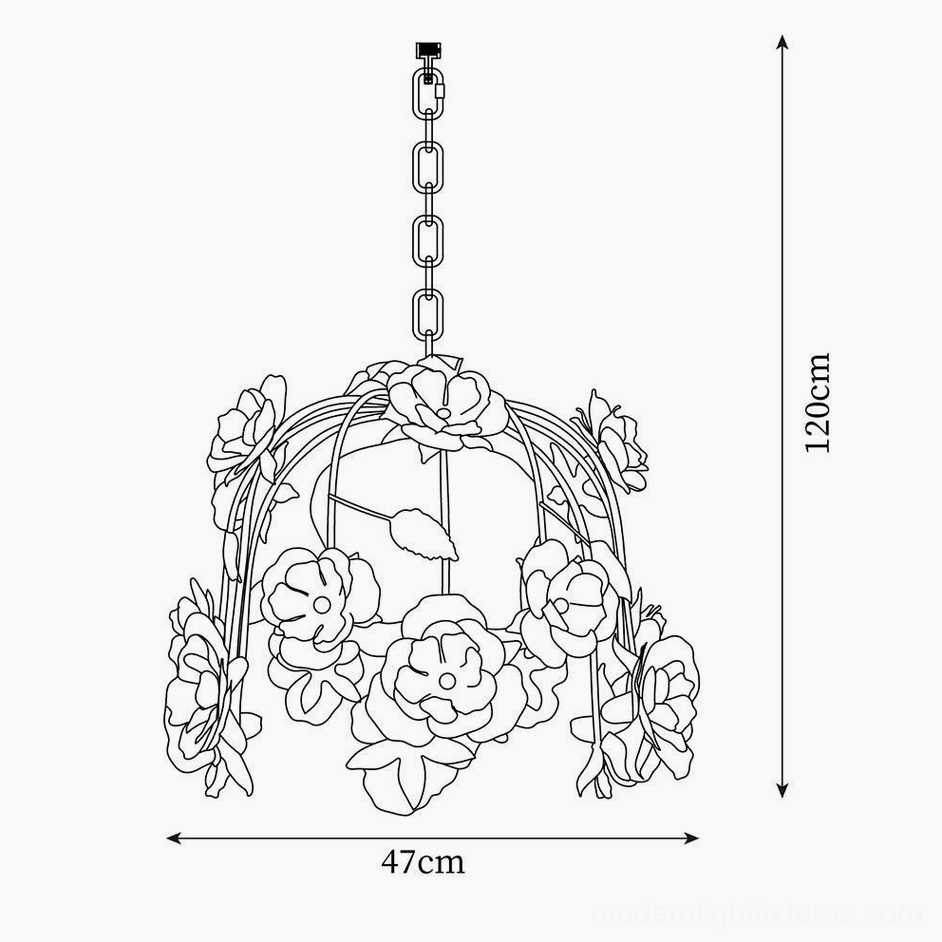 Floral pendant light technical drawing schematic showing 47cm width and 120cm height dimensions, line art design blueprint