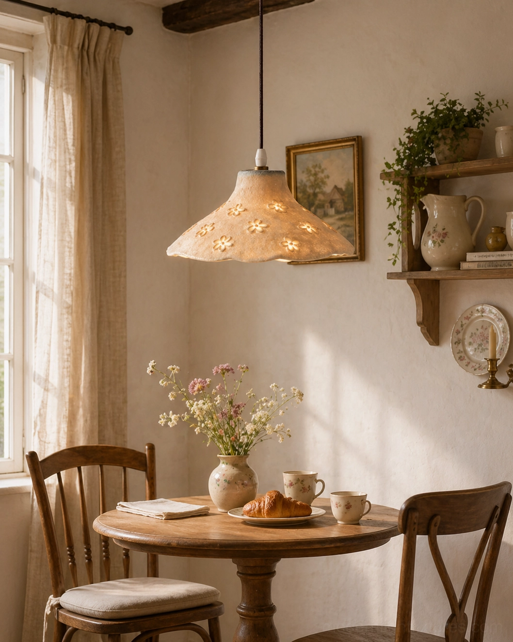 Botanical pendant light hanging low over small farmhouse dining area with rustic aesthetic, creating warm intimate dining ambiance