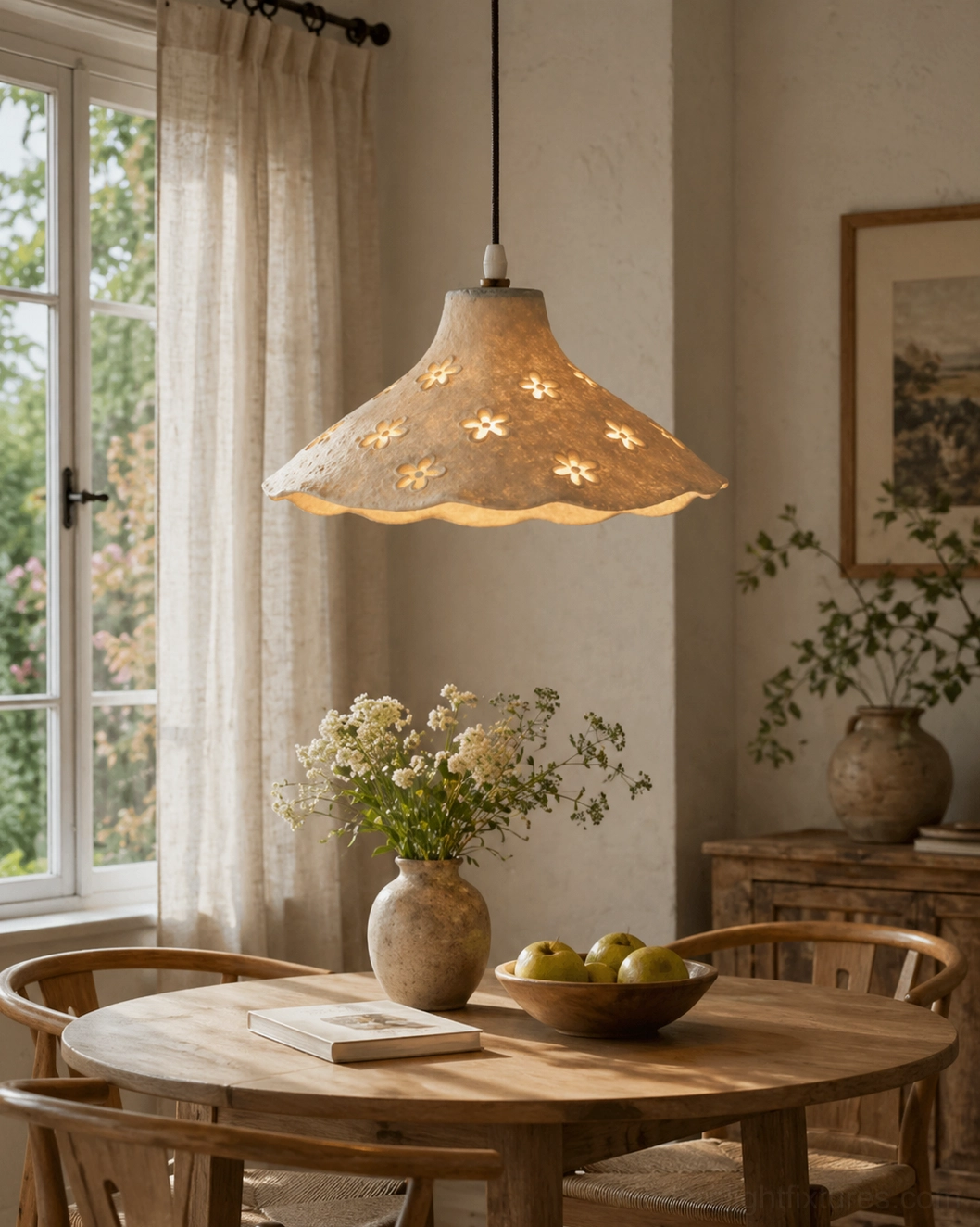 Ivory floral pendant light suspended over farmhouse dining table, warm rustic cottage aesthetic with natural wood furniture, overhead lighting perspective