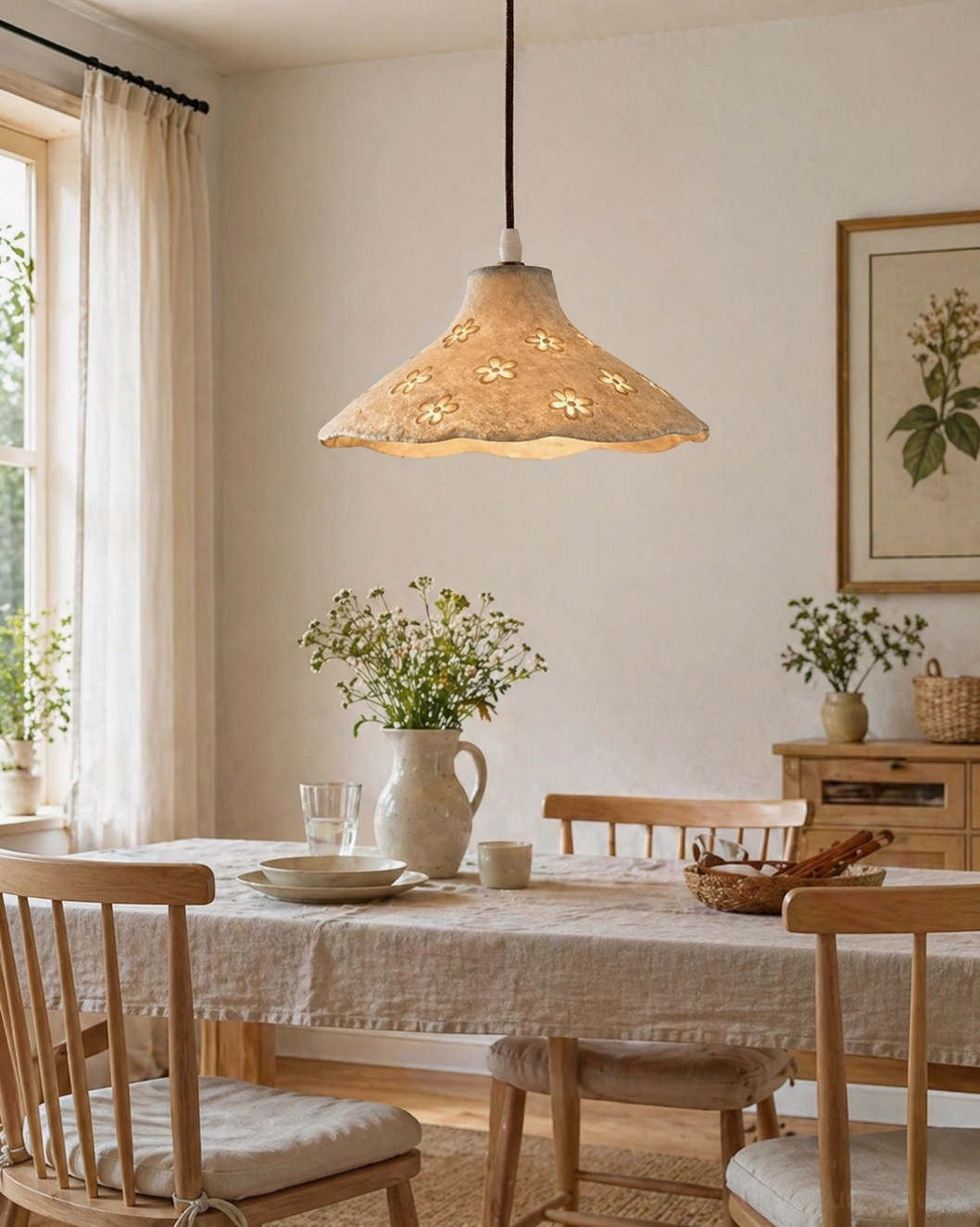 Floral cutout pendant fixture in formal cottage dining room with long table and bright warm lighting, elegant statement piece above dining surface