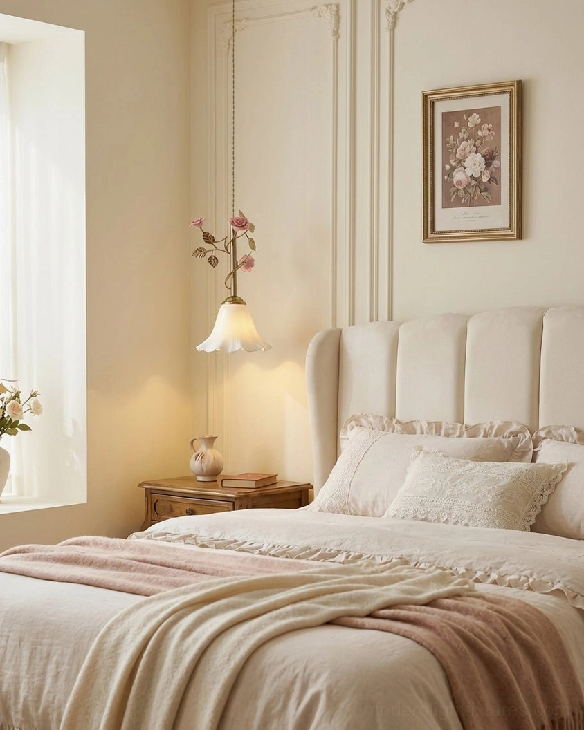 Romantic pendant light hanging in French style bedroom with neutral warm décor and botanical accents