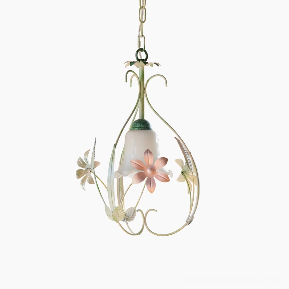 Floral pendant light in green and pink finish option showcasing intricate hand-sculpted stems and soft pastel painted blossoms