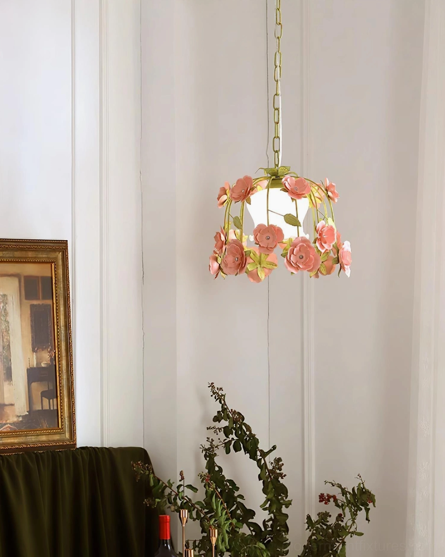 Floral pendant chandelier installation guide showing mounting hardware, chain length adjustment, and ceiling compatibility features