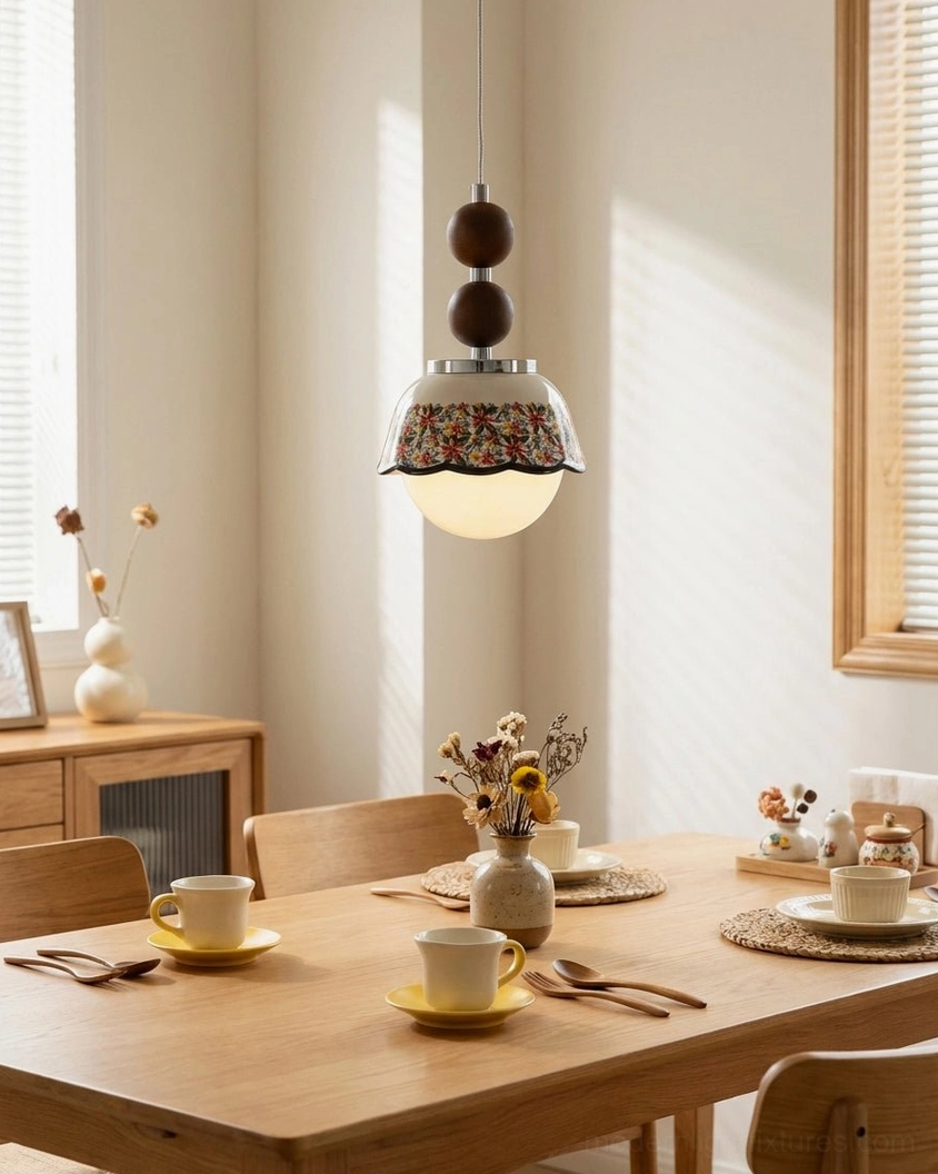 Bellora pendant light suspended in japandi dining room above wooden table with tableware, warm home dining space with natural wood furniture