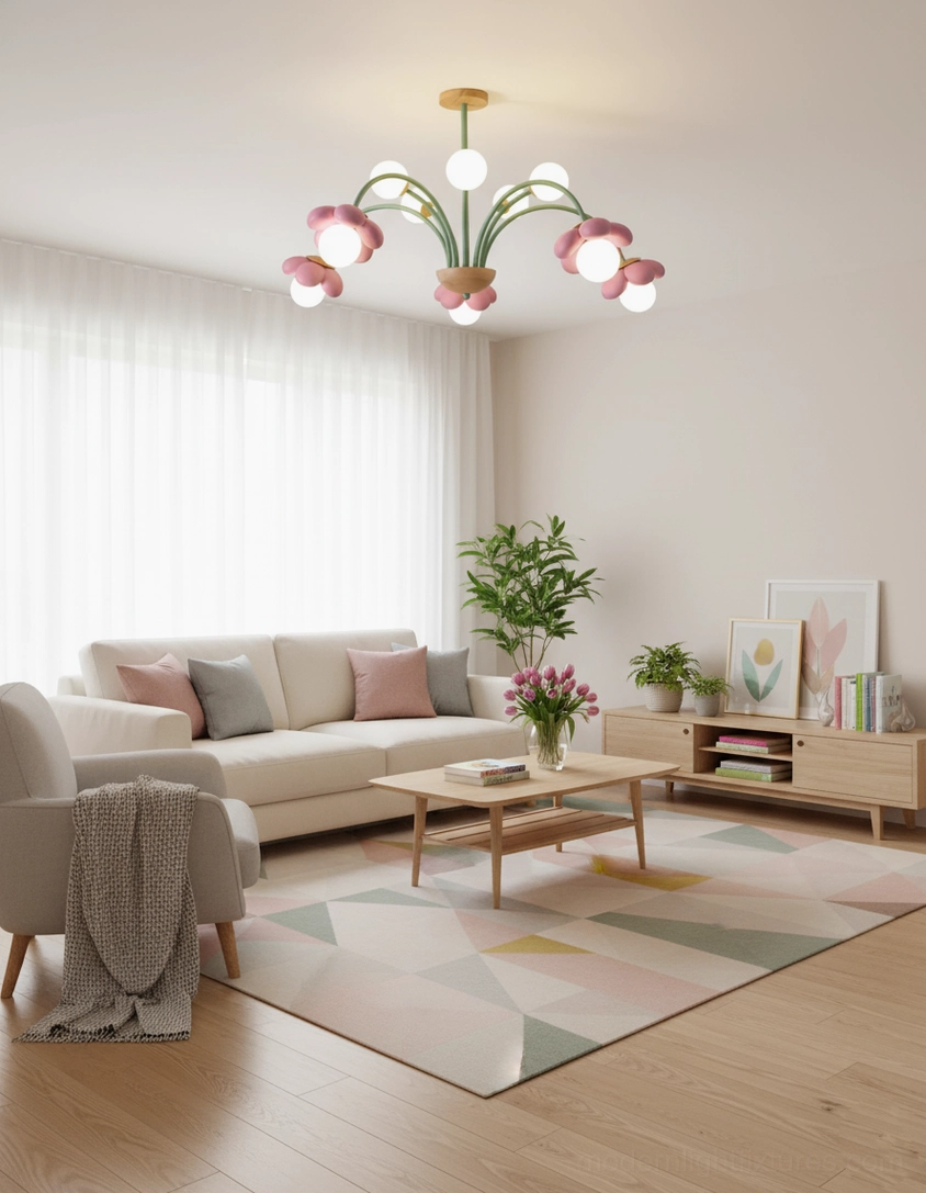 Compact floral pendant light in living room setting with geometric area rug and pastel home decoration