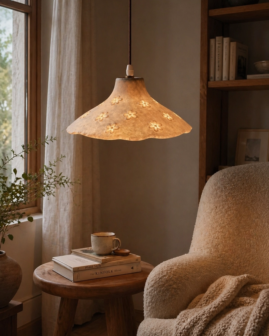 Botanical pendant lamp three-quarter side view in cozy living room setting, paired with vintage armchair and side table, warm intimate home ambiance