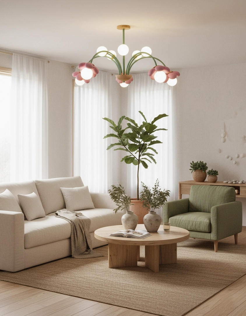 Floral pendant light fixture showing multiple blooms with warm glowing illumination and artistic arrangement