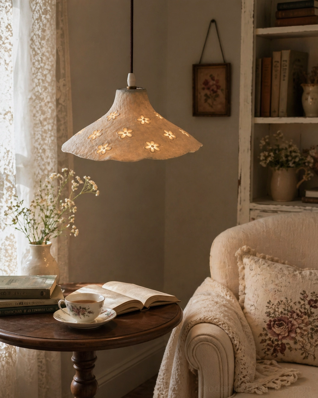 Floral cutout pendant light in romantic vintage cottage living room with upholstered armchair, creating warm atmospheric shadow play on walls