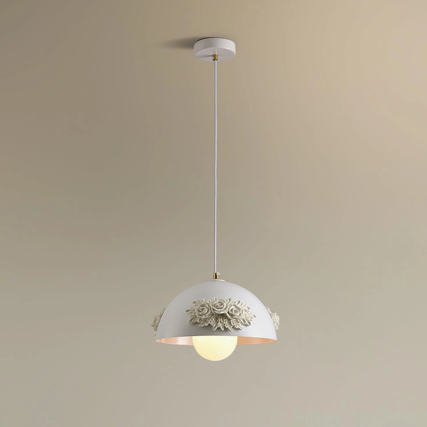 Decorative floral dome pendant light with 3D rose details, off-white metal shade with frosted glass bulb, minimalist romantic style