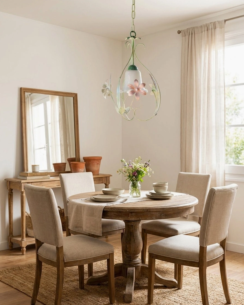 Side view of floral pendant light with curved metal frame and flower details in small dining nook area with natural window lighting