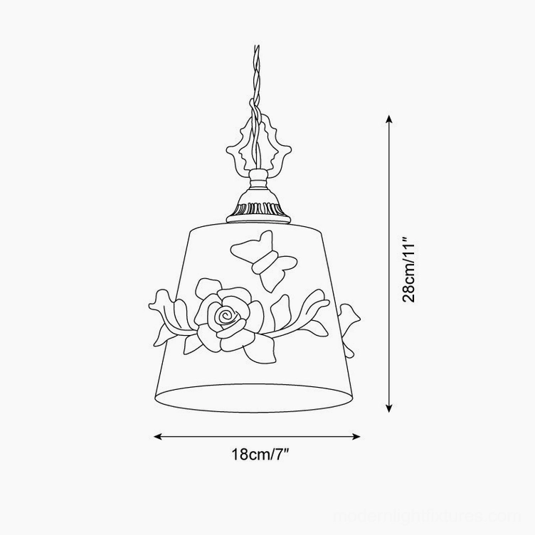 Technical specification drawing of handpainted floral ceramic pendant light showing 18cm diameter and 28cm height dimensions, botanical rose and butterfly pattern detail