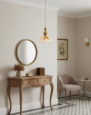 Single pendant light with floral design in vintage entryway setting, warm ambient lighting