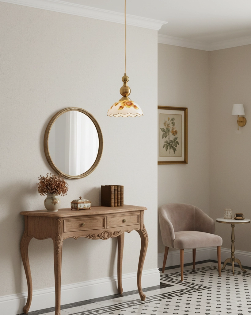 Single pendant light with floral design in vintage entryway setting, warm ambient lighting