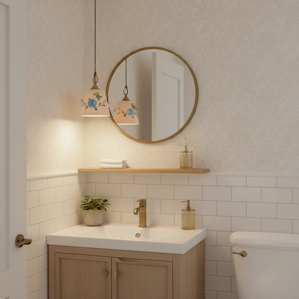 Pair of vintage brass handpainted floral pendant lights illuminating farmhouse bathroom vanity with subway tile and round mirror, warm neutral lighting