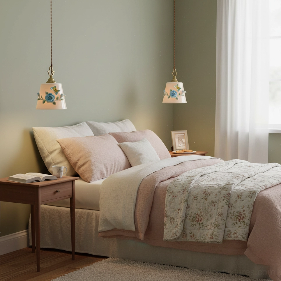 Pair of handpainted floral ceramic pendant lights in soft sage green bedroom with botanical ambiance, vintage brass accents complementing cottage core decor