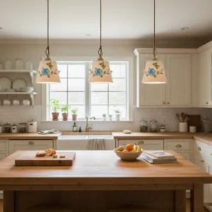 Set of three matching handpainted botanical pendant lights suspended above farmhouse kitchen island, creating coordinated warm lighting in rustic neutral kitchen decor