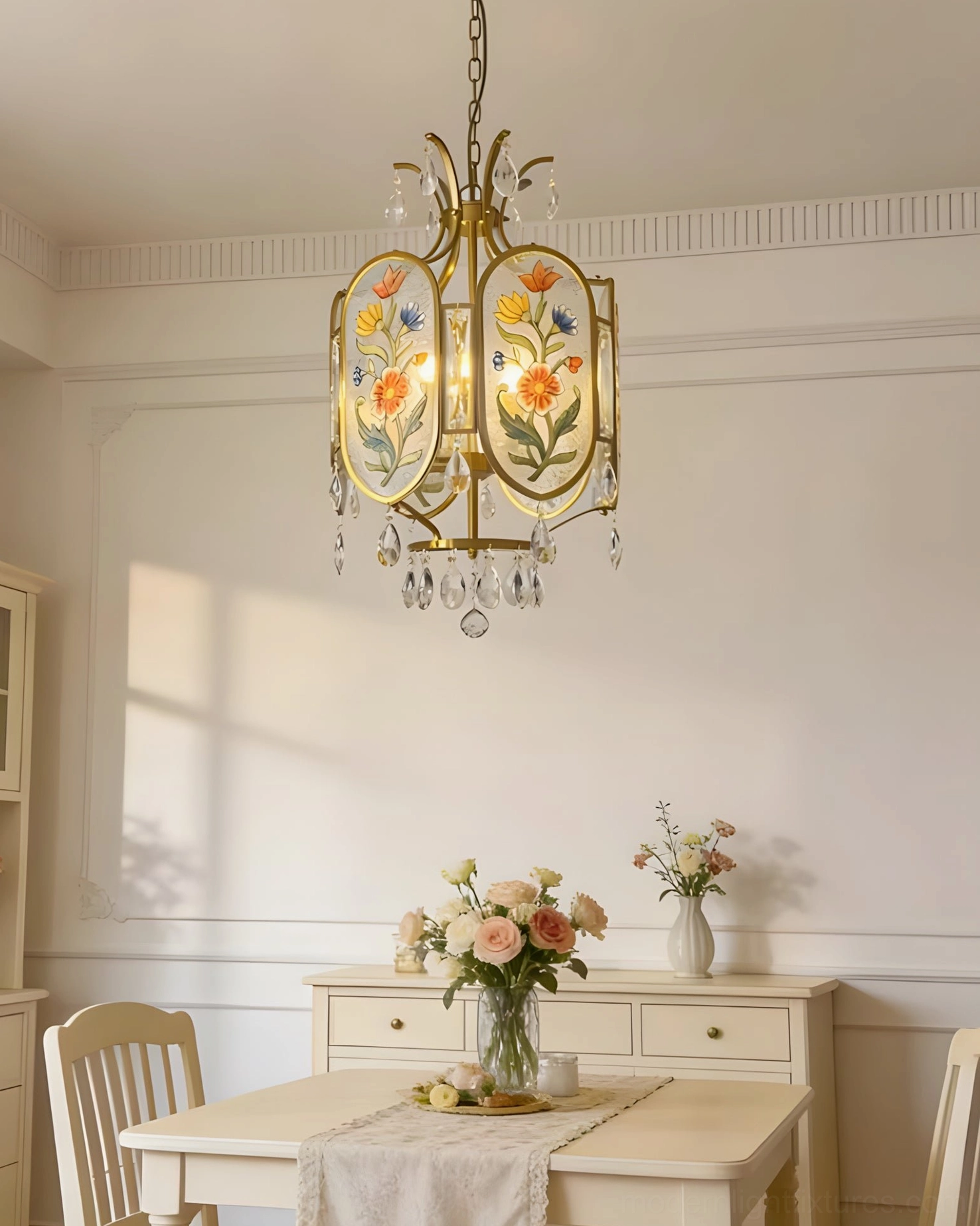 Jardinelle pendant light with multicolor floral glass in minimalist French country compact dining area with clean aesthetic