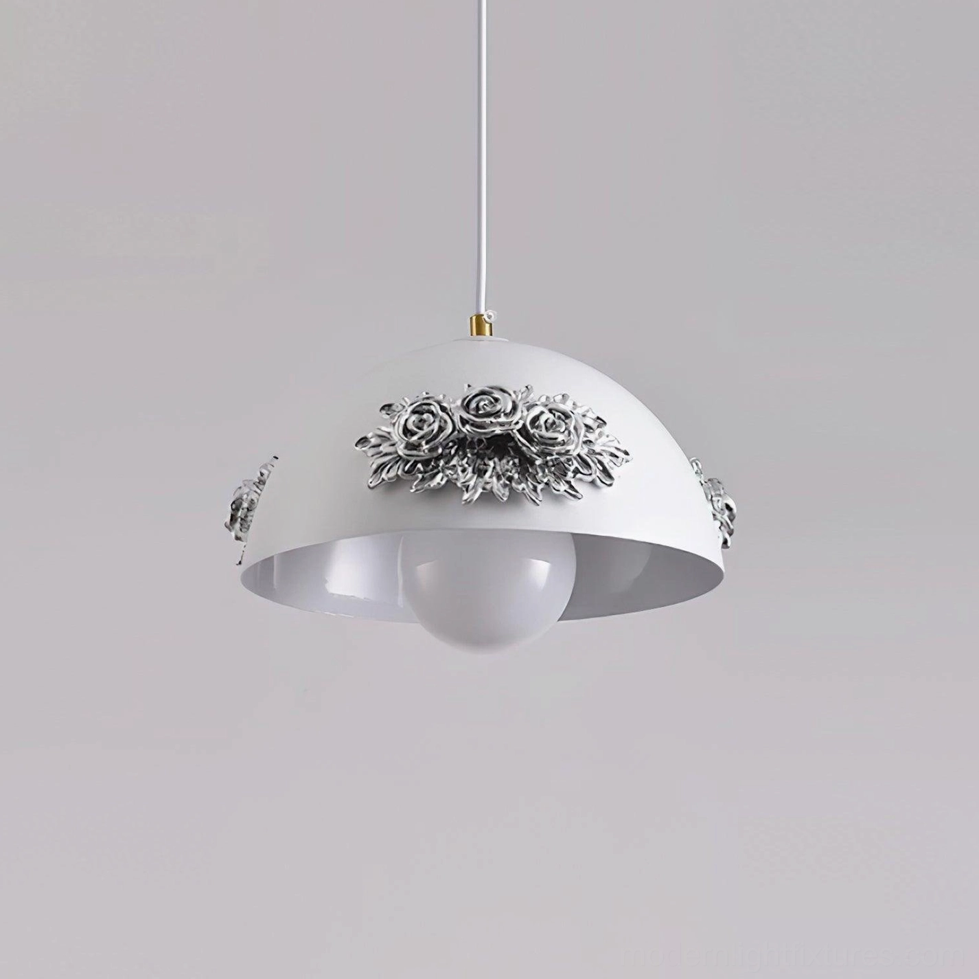 Floral pendant light with 3D rose appliqués on frosted acrylic dome, contemporary romantic home accent fixture