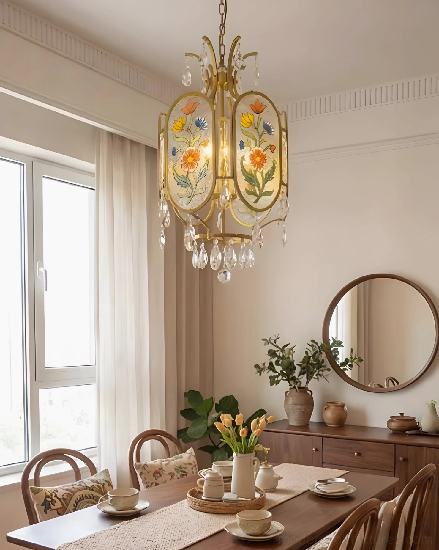 Hand-painted floral pendant light creating warm atmospheric glow in casual dining space near window with neutral interior tones
