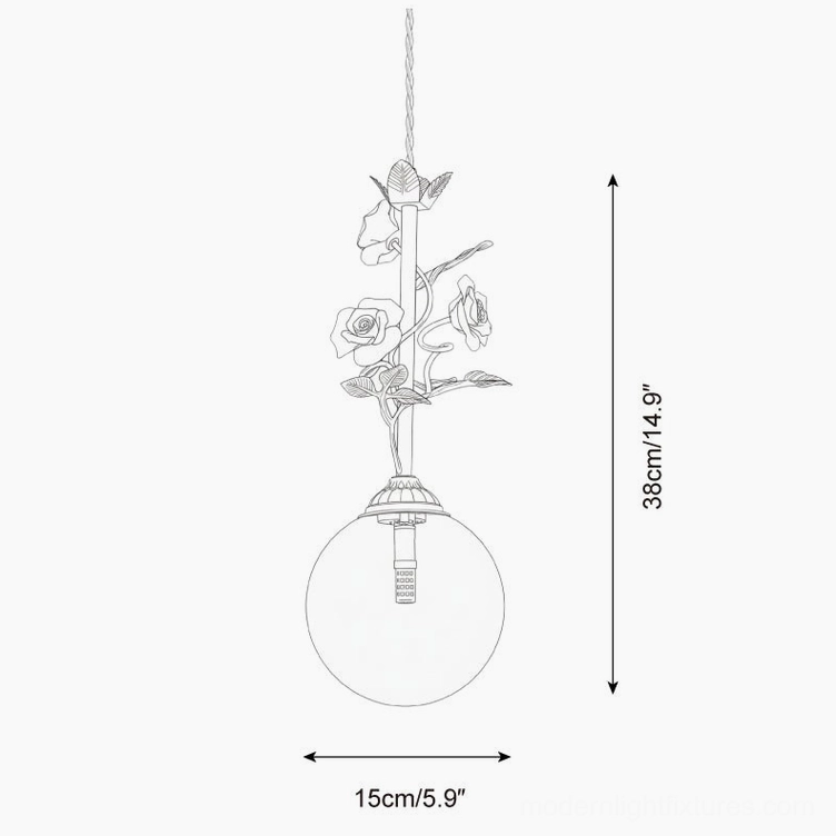 Floral pendant lamp technical specifications and dimension diagram, 15cm x 38cm rose design