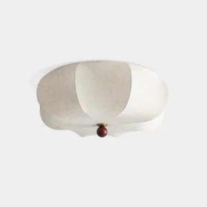 Organic petal ceiling light with scalloped floral embroidered fabric shade and dark wooden finial, overhead studio view
