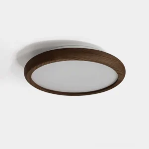 Natura floral relief flush mount ceiling light with dark walnut wood frame and frosted acrylic diffuser, front studio view