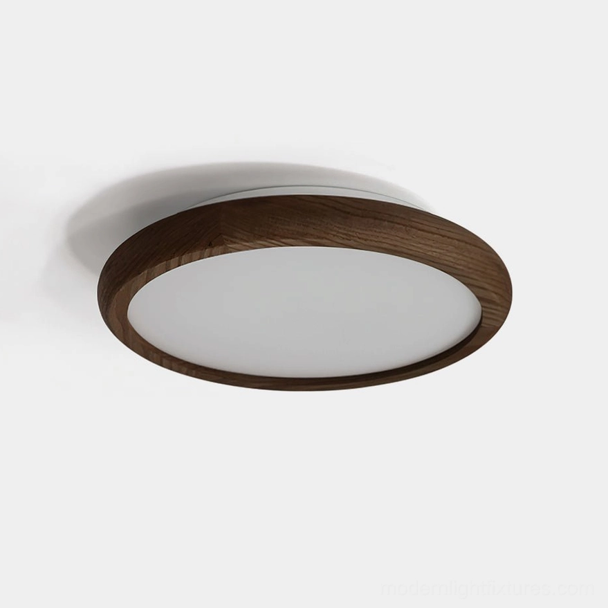 Natura floral relief flush mount ceiling light with dark walnut wood frame and frosted acrylic diffuser, front studio view